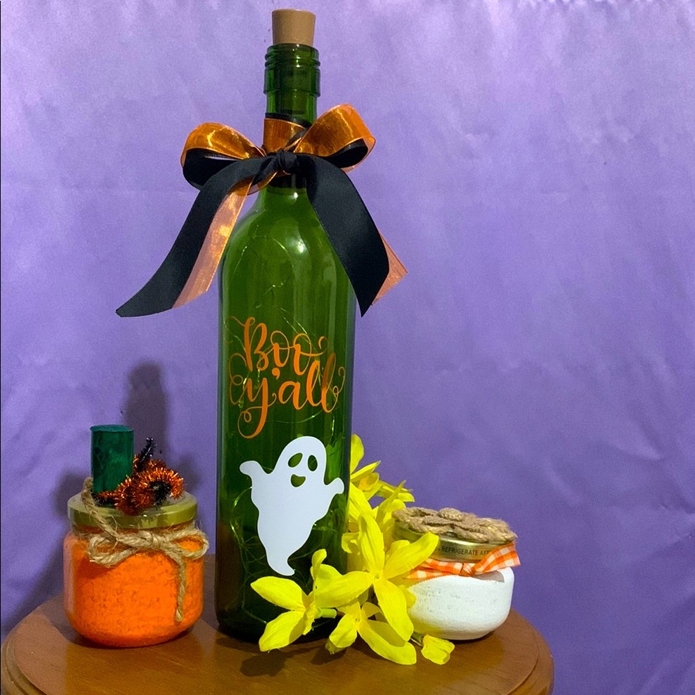 Handcrafted upcycled green glass Halloween wine bottle, lantern